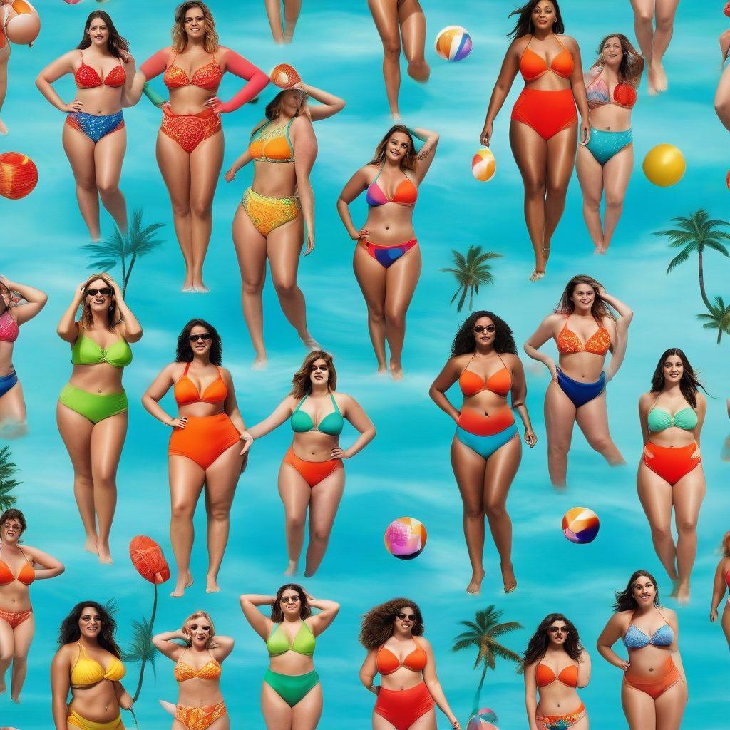 A vibrant collage of various swimwear styles, featuring plus size models gracefully showcasing bold and colorful bikinis alongside minimalist designs on thin models, all set against a sunny beach backdrop. The scene captures the joy of summer, with palm trees, beach balls, and waves creating an inviting atmosphere. Include a variety of skin tones and body shapes to celebrate diversity. The overall mood is fun and uplifting. super-realistic. vibrant colors. beach setting.
