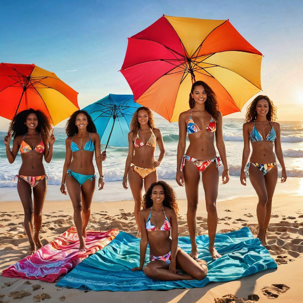 A lively beach scene showcasing diverse models flaunting the latest bikini trends, vibrant sun umbrellas, and colorful beach towels visible. Include dynamic poses as models splash in crystal-clear waves, with a radiant sunset in the background. Capture the essence of summer joy with bright colors and lively expressions. super-realistic. vibrant colors. beach aesthetic.